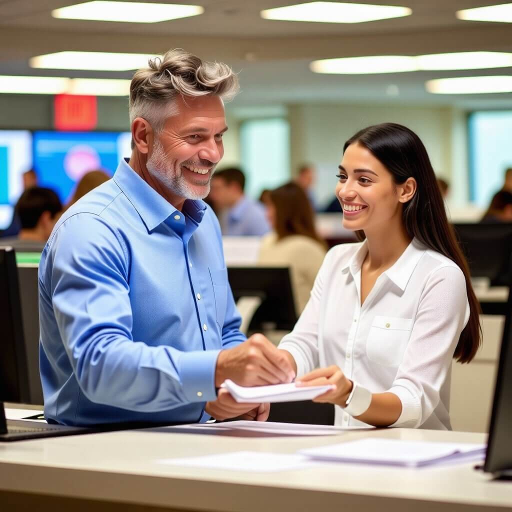 여권 신청서를 제출하는 장면, 창구에서 직원과 대화하는 모습.