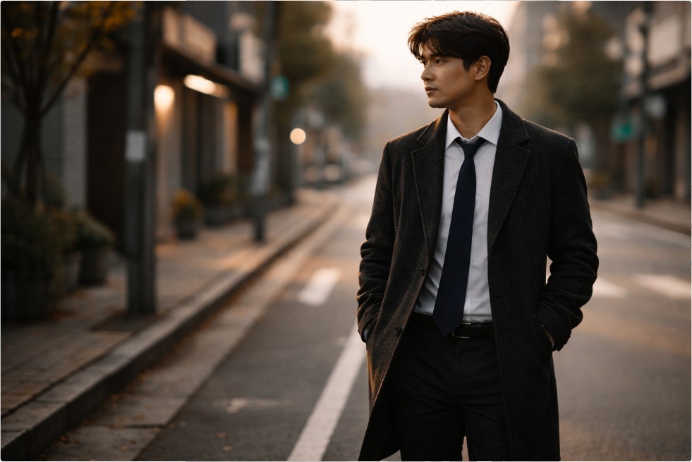 아침 햇살 속에서 차분한 표정으로 길을 걷는 한국인 남성