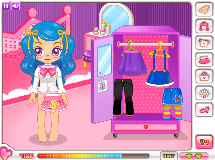 쥬디의-의상-코디-플래시게임-플레이2-쥬디에게-핑크색-프릴-치마를-착용시키는-화면