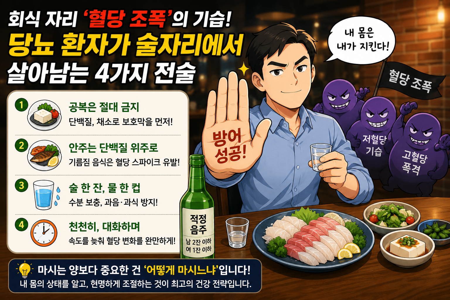 회식 자리에서 당뇨 환자가 혈당 관리를 위해 공복을 피하고 단백질 안주를 선택하며 물을 함께 마시는 음주 관리 방법을 설명한 일러스트