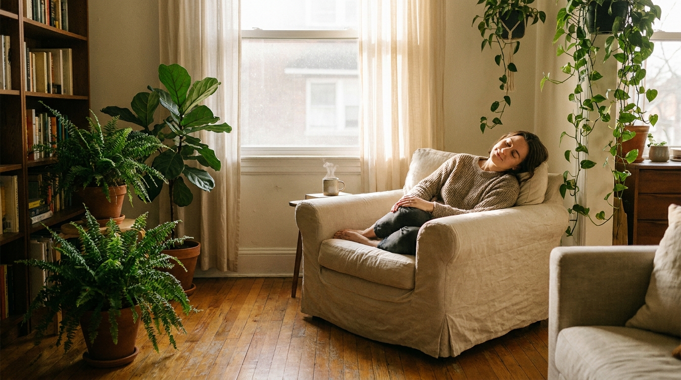 따스한 햇살 아래서 눈을 감고 온전한 휴식을 취하며 눈의 피로를 푸는 평화로운 모습