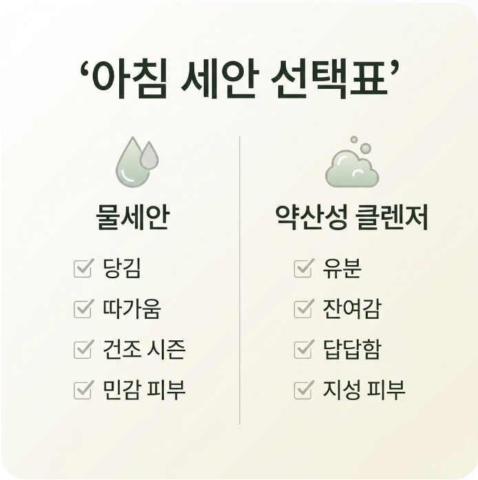아침에 물세안과 약산성 클렌저 중 무엇을 선택할지 기준을 정리한 선택표 인포그래픽