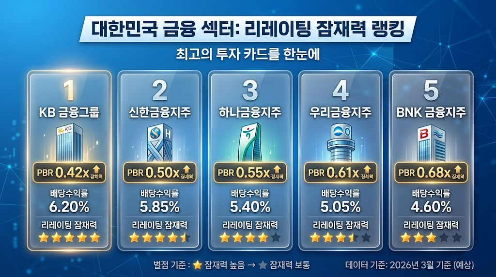 A professional financial ranking card grid showing five Korean financial company investment cards. Each card shows a buildingbank icon, a PBR badge (e.g. PBR 0.4x), a dividend yield label, and a rerating potential star rating (1-5 stars). Cards arranged from highest to lowest rerating potential. Blue gradient background, clean dashboard layout, bold white typography, modern fintech design.