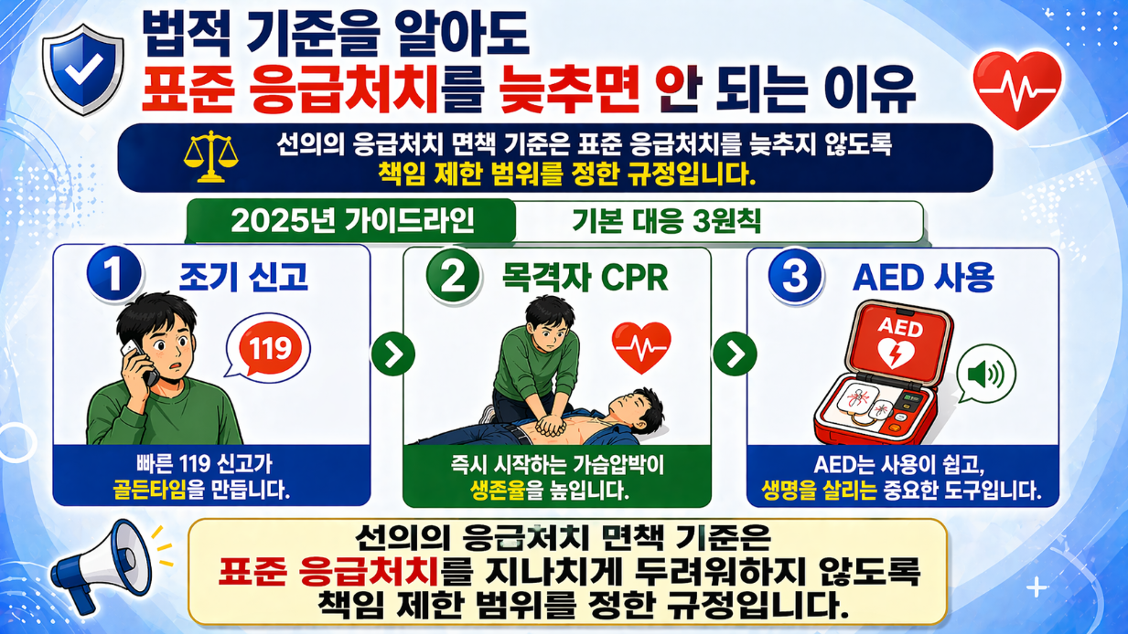 법적 기준과 관계없이 표준 응급처치를 지연하면 안 되는 이유와 CPR·AED 기본 대응 3원칙 인포그래픽
