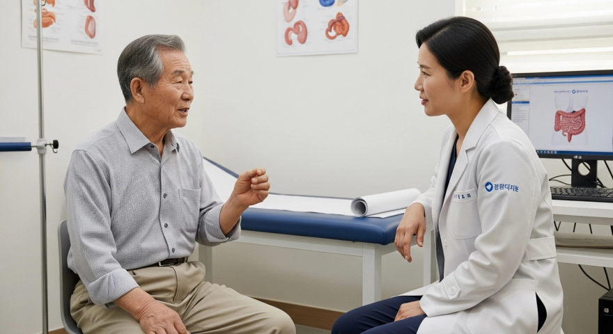 위장 내과 상담 중인 노년 남성