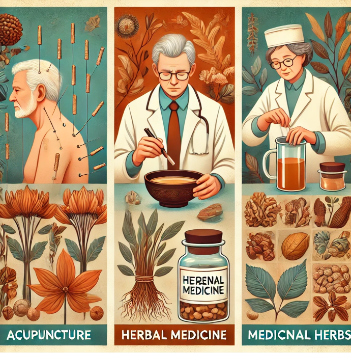 침술 (왼쪽) - 한의사가 노인 환자의 특정 혈자리에 침을 놓는 모습, 한약 (가운데) - 한의사가 전통 약탕기에서 한약을 준비하는 모습, 약초 (오른쪽) - 인삼, 은행잎 등 전통적으로 인지 기능 강화에 사용되는 약초들이 정리된 모습
