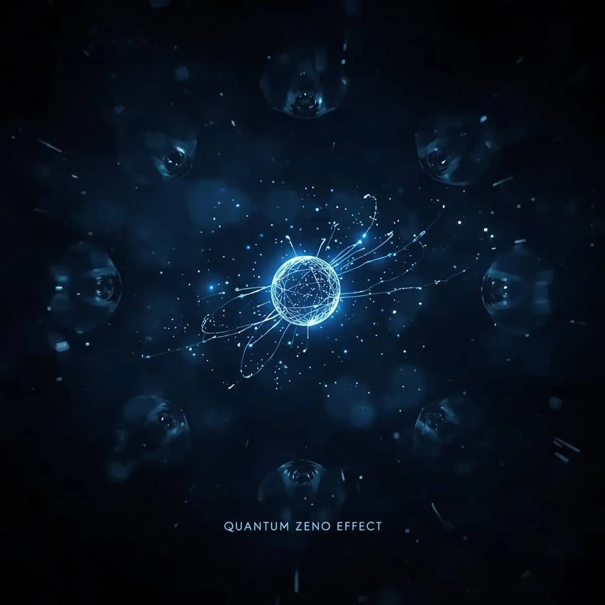 어두운 우주 배경 위에 푸른빛으로 빛나는 구체가 중심에 위치해 있고, 입자 궤도처럼 얽힌 선들이 그 구체를 감싸고 있다. 주변에는 흐릿하게 반투명한 구형 구조들이 둘러싸고 있어 마치 관측당하는 듯한 느낌을 주며, 양자 제노 효과의 지속적인 관측 상태를 상징한다. 하단에는 “QUANTUM ZENO EFFECT”라는 문구가 작게 삽입되어 있다. (A glowing blue orb with orbital lines represents the Quantum Zeno Effect, surrounded by faint observing forms in a dark, cosmic background)