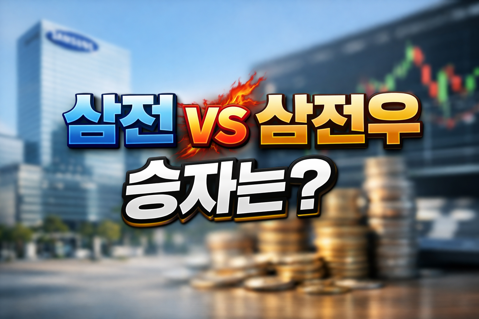 삼성전자 본주와 삼성전자우 우선주를 비교하는 썸네일 이미지, 빌딩과 주가 차트 배경 위에 &lsquo;삼전 VS 삼전우 승자는?&rsquo; 문구가 강조된 디자인
