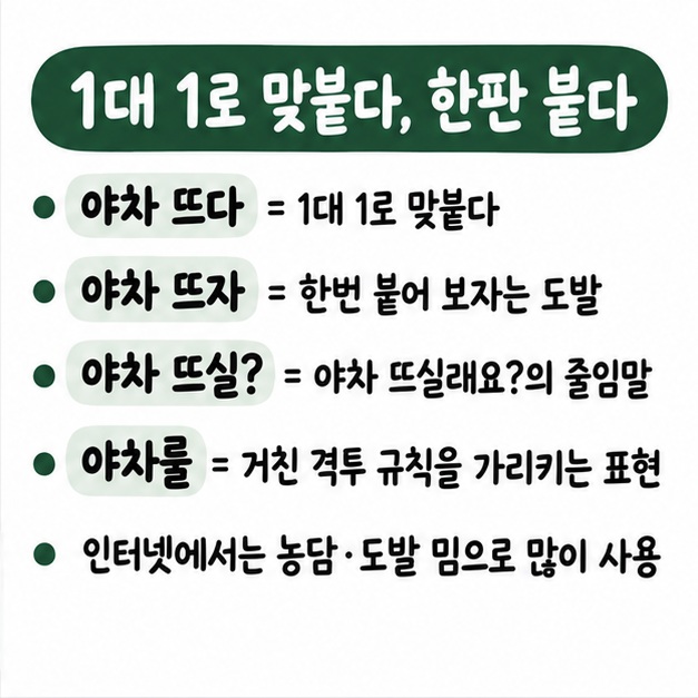 야차 뜨다는 1대 1로 맞붙다, 한판 붙다라는 의미이고 야차 뜨실은 야차 뜨실래요를 줄인 표현이라는 뜻 카드