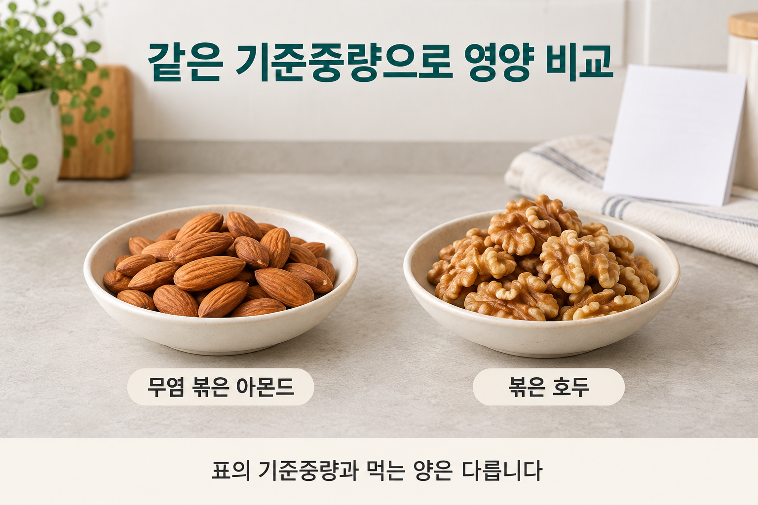 무염 볶은 아몬드와 볶은 호두를 나눠 담고 기준중량과 먹는 양을 구분한 설명