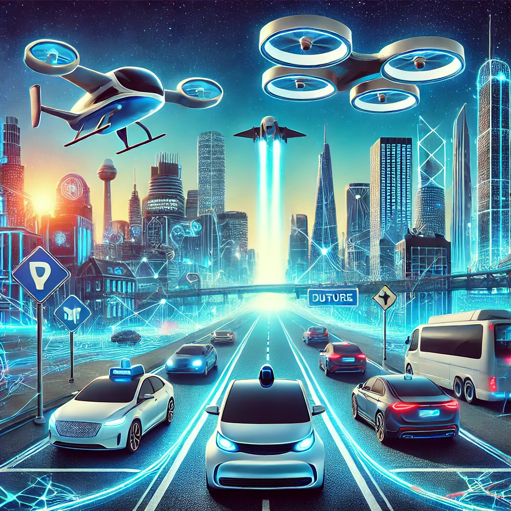 &quot;미래 모빌리티 산업을 상징하는 컨셉 이미지. 전기차(EV)와 자율주행 자동차가 스마트 도로를 달리고 있으며, 하늘에는 UAM(도심 항공 모빌리티) 에어택시가 비행하는 모습이 보인다. 배경에는 미래형 스마트 시티가 자리 잡고 있으며, 네온 블루와 하이테크 디자인이 혁신적인 이동 수단을 강조한다.&quot;