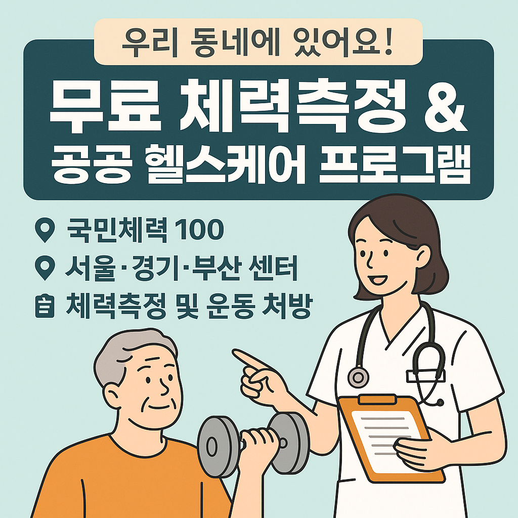 무료 체력측정과 공공 헬스케어 프로그램을 안내하는 의료진과 노년층의 운동 장면이 포함된 한국어 인포그래픽 이미지