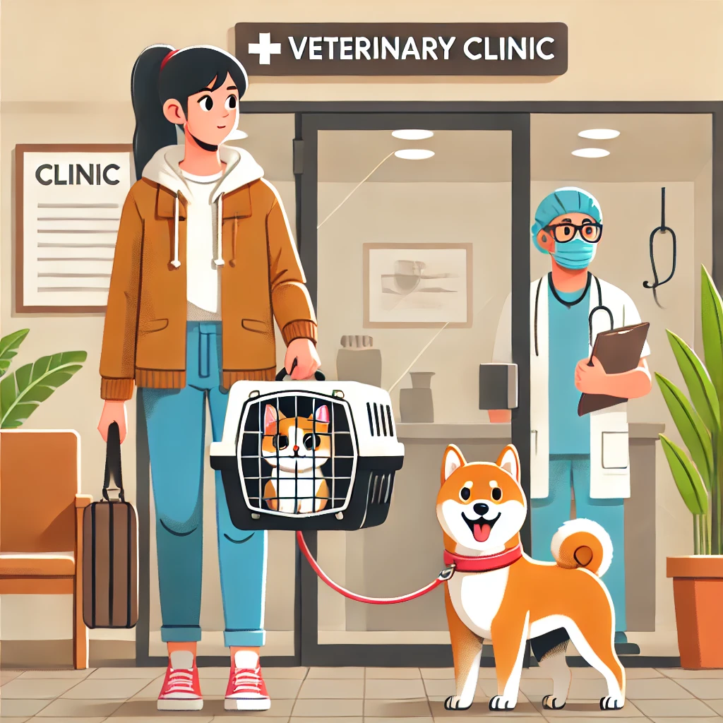 A pet owner talking to a receptionist at a veterinary clinic while a Shiba Inu sits beside them and a cat waits in a carrier