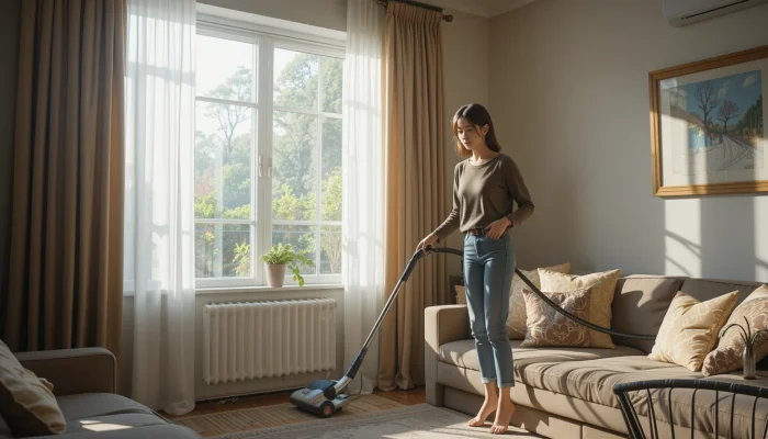 커튼 먼지 제거와 세탁 방법으로 청소를 하고 있는 여성