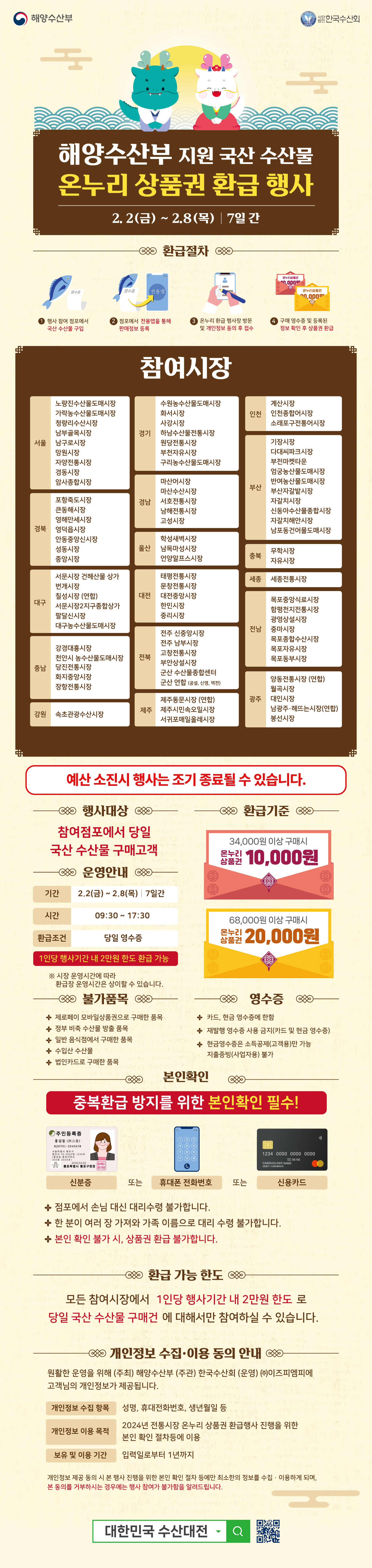 24년 설맞이 온누리상품권 행사(수산시장) 포스터 입니다.