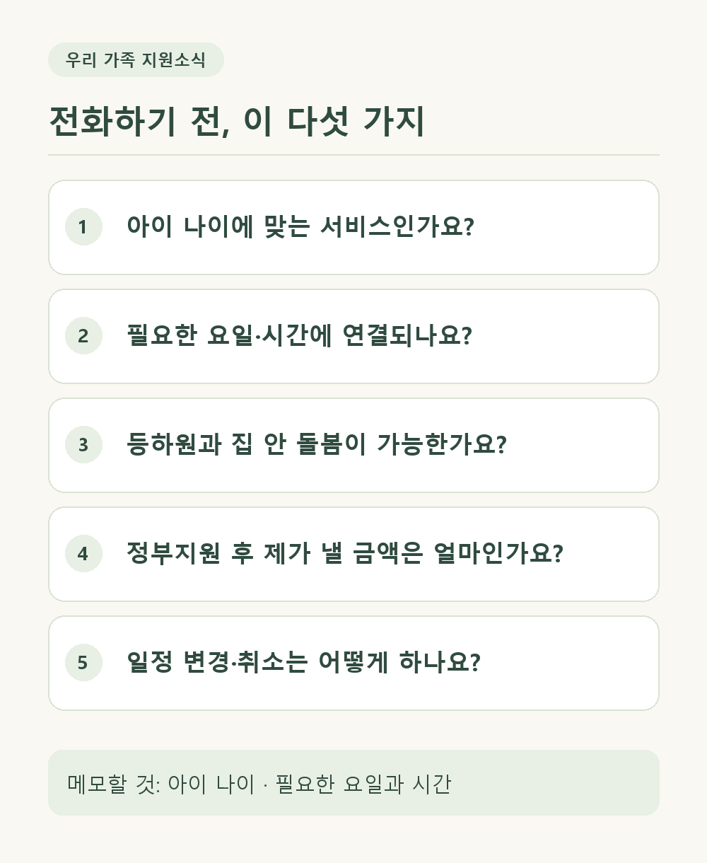 전화 전 확인할 다섯 가지: 아이 나이, 가능한 요일과 시간, 등하원 범위, 본인부담금, 일정 변경과 취소