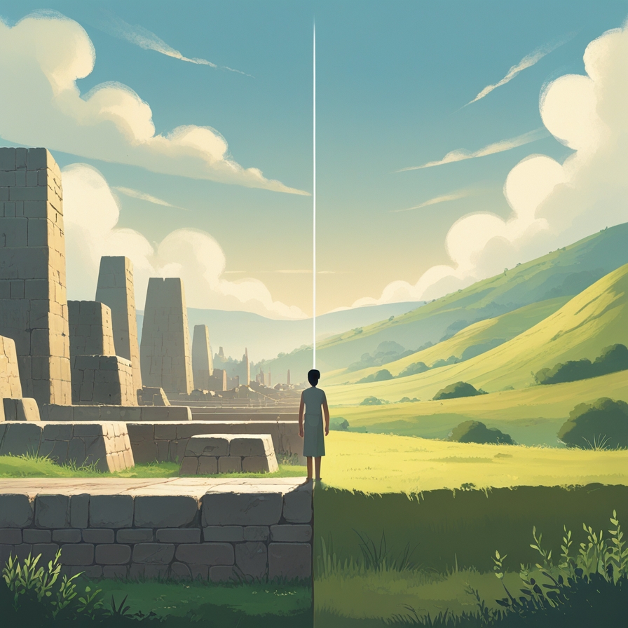 기존 문명과 새로운 길의 경계에 선 아브라함의 선택을 상징적으로 표현한 이미지