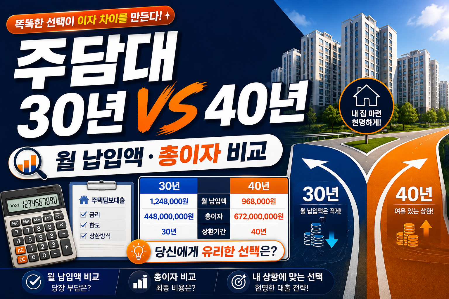주택담보대출 30년 vs 40년 차이|5억 대출 월 납입액·총이자 실제 비교