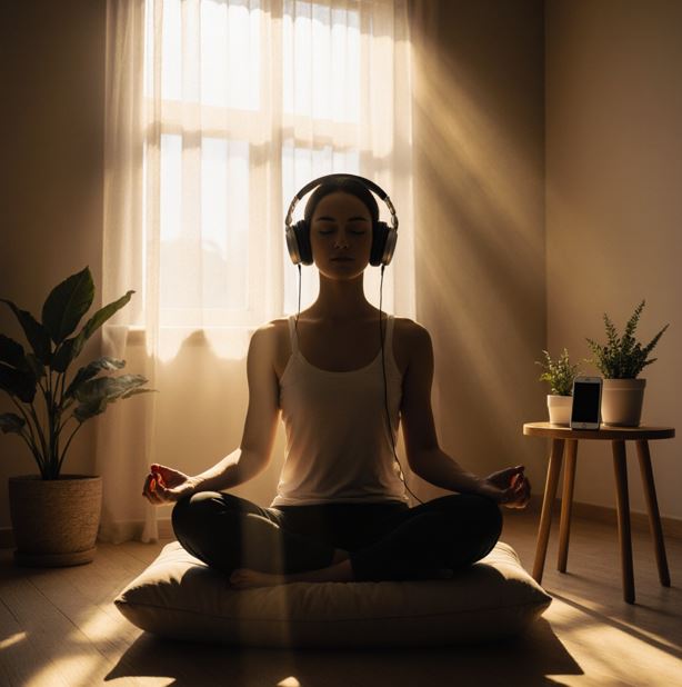 편안한 쿠션에 앉아 헤드폰을 끼고 눈을 감은 사람의 모습