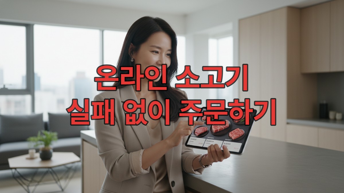 온라인 정육점에서 신선한 소고기를 스마트폰으로 현명하게 고르는 한국인의 모습