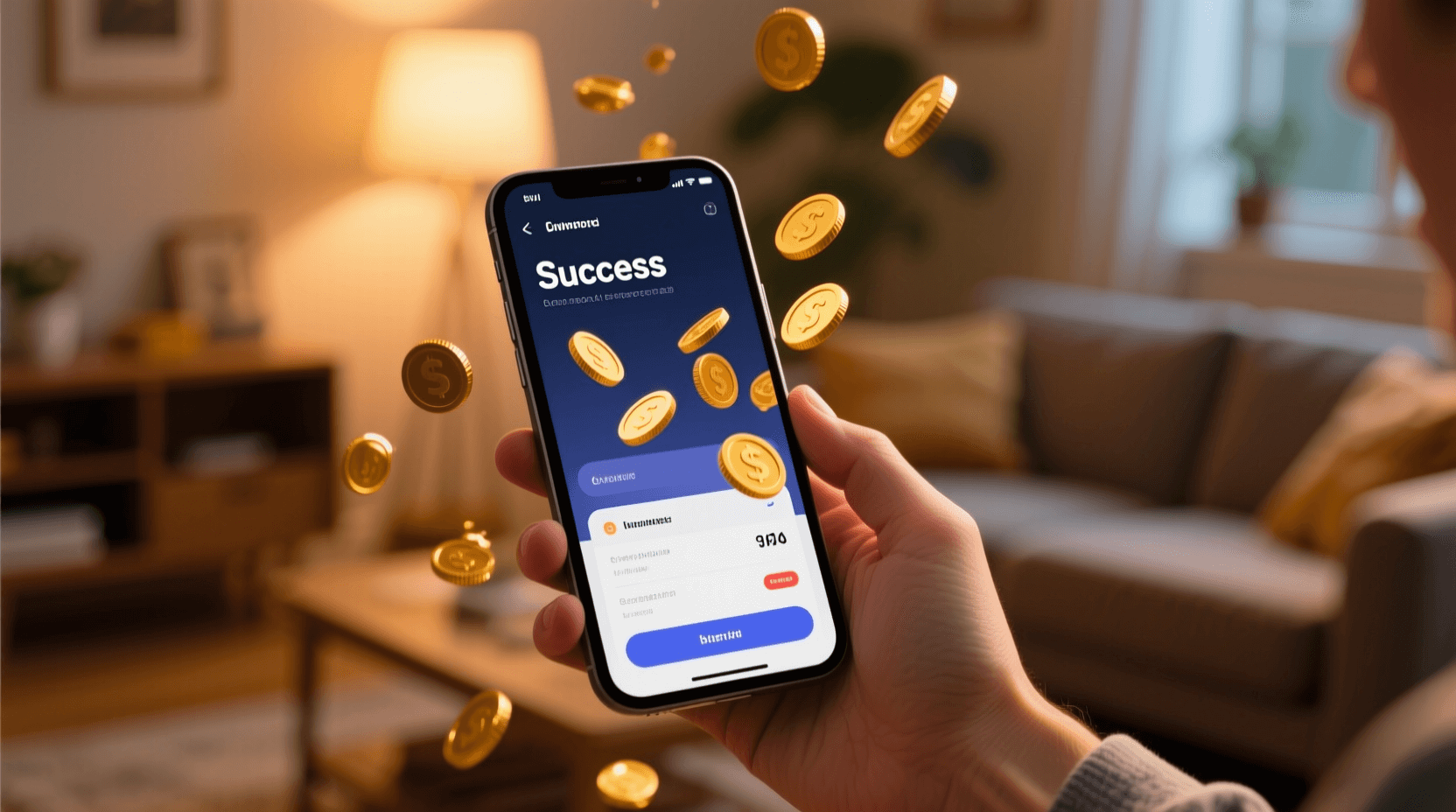 스마트폰 금융 앱을 통해 이자 감면 성공 알림을 확인하는 손, 모바일 뱅킹 활용 이미지