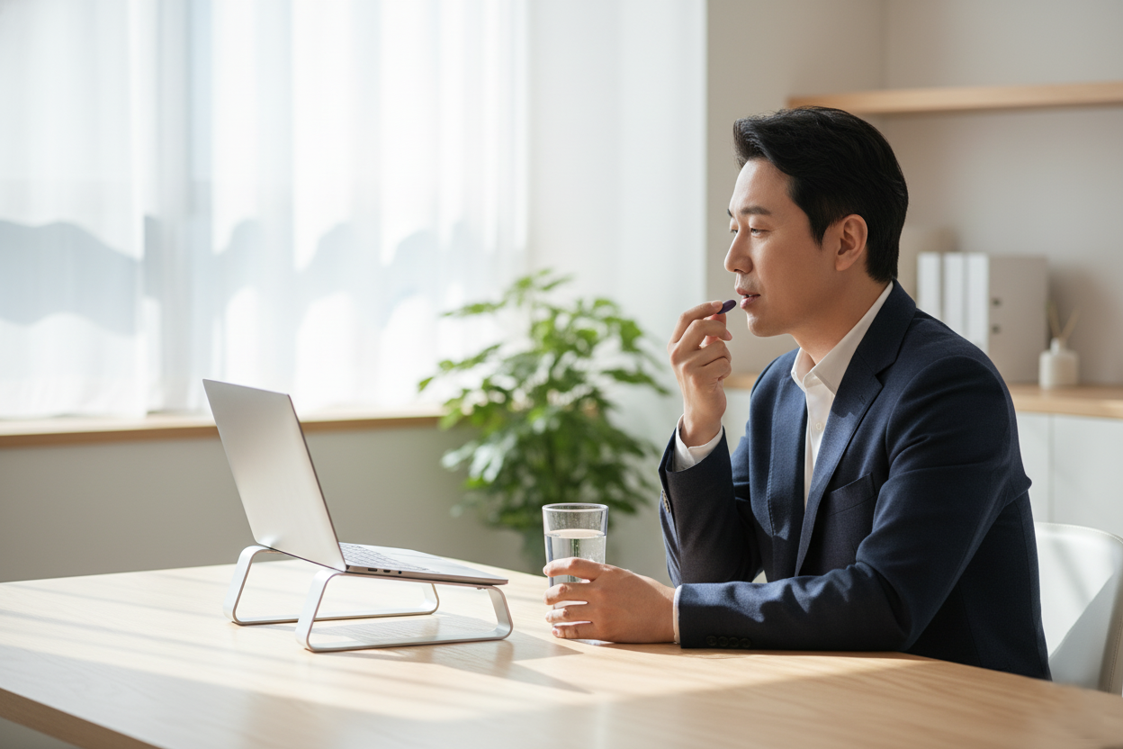밝은 사무실 책상에서 노트북 앞에 앉은 정장 차림의 한국인 남성이 작은 정제를 물과 함께 섭취하려는 장면으로, 직장인의 포스파티딜세린 두뇌&middot;피부 건강 루틴을 보여주는 섭취 이미지