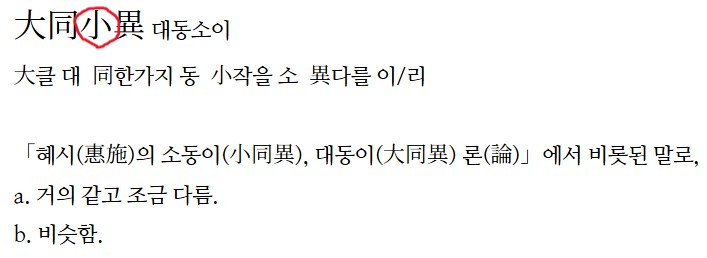 중학생 손주가 '작을 소 (小)' 가 들어간 사자성어(대동소이)들을 보내왔다는 이미지