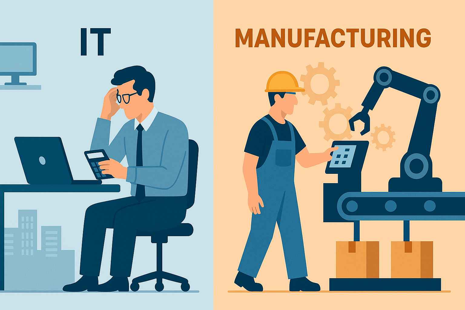 IT 사무직과 제조업 근로자의 업무 환경을 양분한 일러스트, 각각 사무실과 공장 배경으로 주 4일제 적용 가능성 비교를 표현
