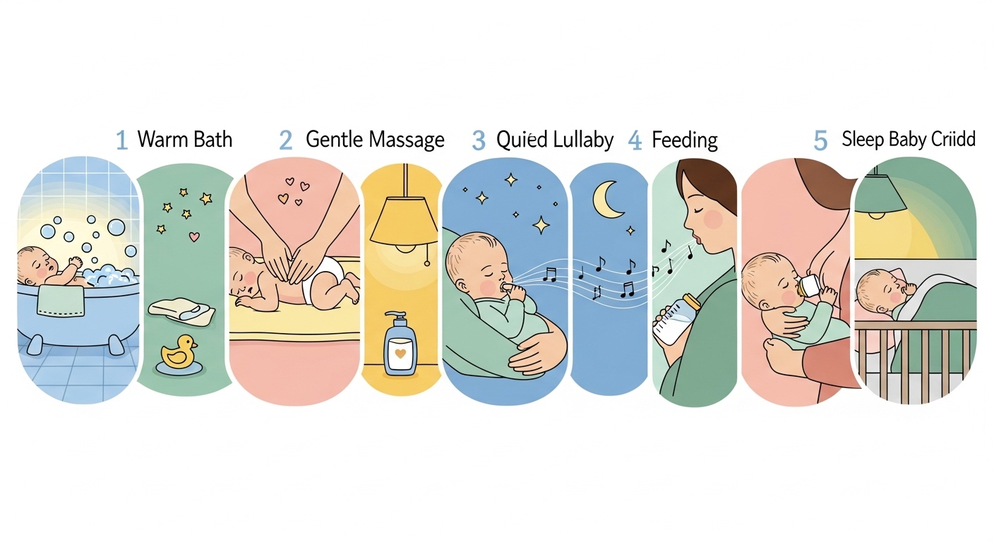 따뜻한 목욕, 마사지, 수유 등 신생아를 위한 차분한 잠자리 루틴을 보여주는 인포그래픽
