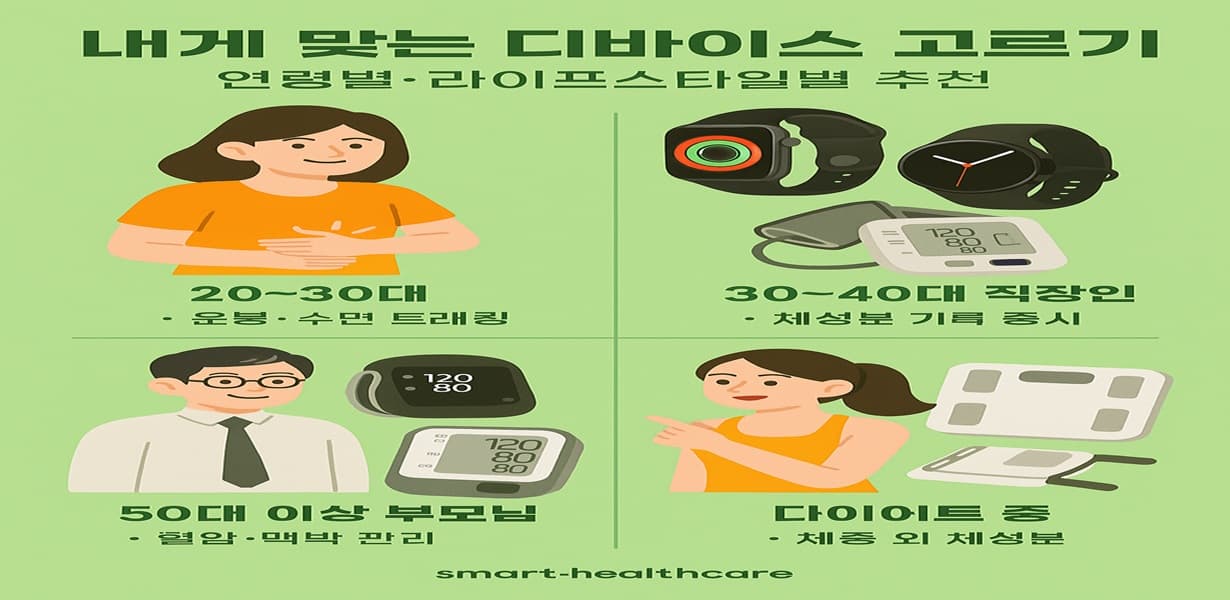 연령대별 추천 스마트헬스케어 기기와 사용 목적(운동, 체성분, 혈압 등)을 정리한 인포그래픽