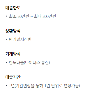 대출한도, 상환방식, 거래방식, 대출기간 설명