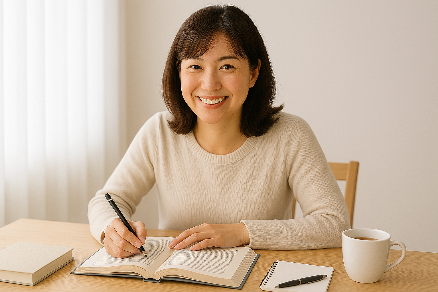 밝은 실내에서 미소 지으며 책상에 앉아 책을 펼쳐 놓고 펜으로 필기를 하는 여성. 옆에는 커피가 담긴 머그와 작은 노트가 놓여 있어 집중된 학습 분위기를 연출한다.