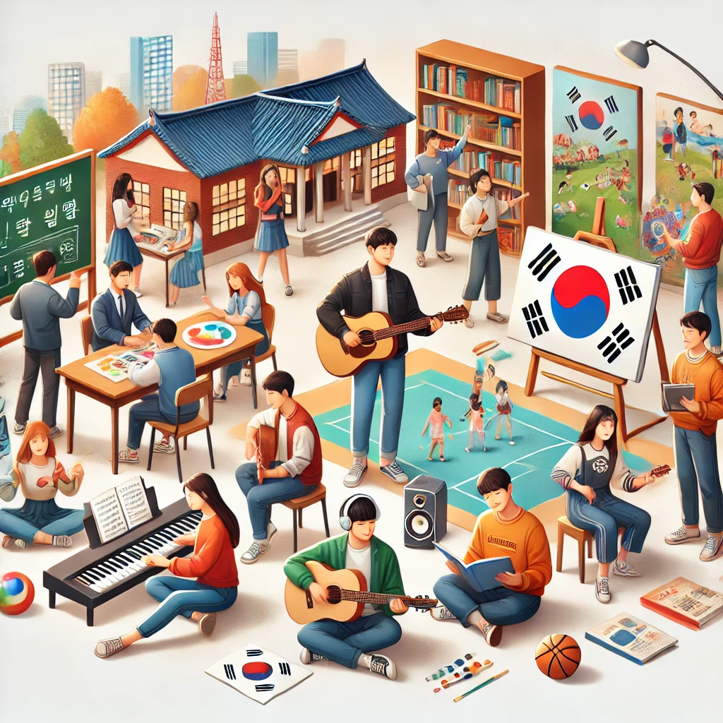 장수군 청소년 꿈키움 바우처 지원 사업을 나타내는 이미지. 여러 명의 한국 청소년들이 교육 및 문화 활동에 참여하는 모습이 담겨 있음. 일부는 책을 읽거나 공부하고 있고, 다른 일부는 그림을 그리거나 악기를 연주하며, 스포츠 활동도 진행 중이다. 활기차고 지원적인 학습 환경 속에서 다양한 배움의 기회를 경험하는 모습을 표현한 장면.