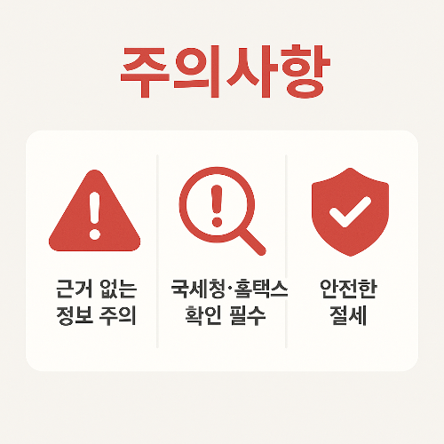 세액공제와 관련하여 근거 없는 정보 주의, 국세청 및 홈택스 확인 필요, 안전한 절세 실천을 강조하는 주의사항 인포그래픽 이미지입니다.