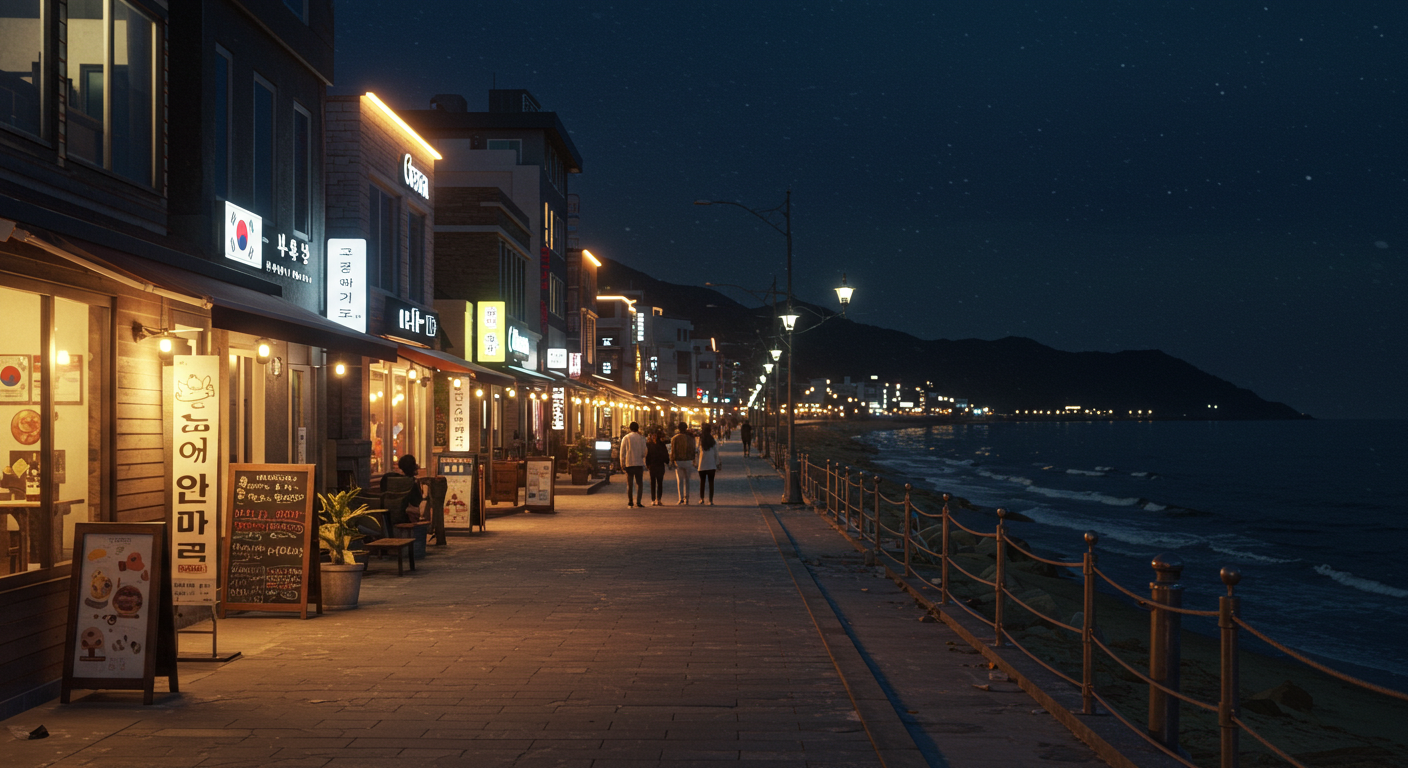 강릉 안목해변 카페거리의 불빛과 함께하는 밤바다 풍경