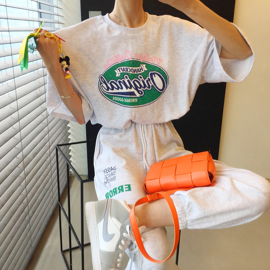 오리지널 빈티지 프린팅 스트링 반팔 크롭 맨투맨 조거팬츠 트레이닝세트