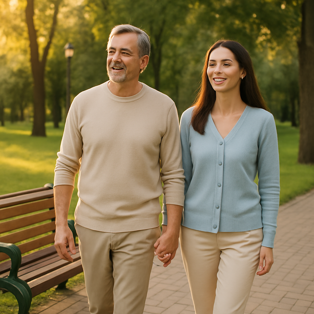 식후 30분 가벼운 산책을 하는 중년 부부(공원 벤치 출발 컷) 식후 30분 가벼운 산책을 하는 중년 부부 이미지