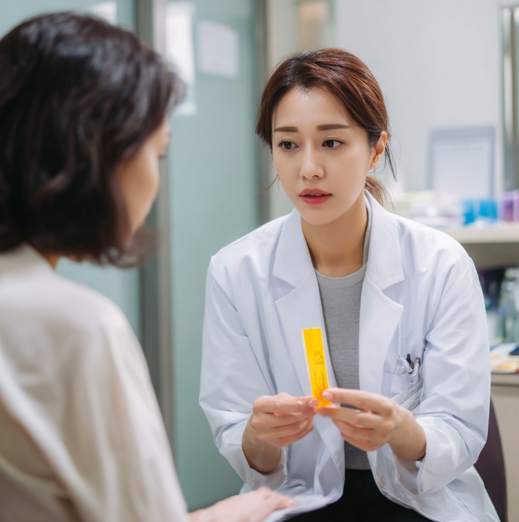 소변 시험검사지를 가지고 의사 진료중