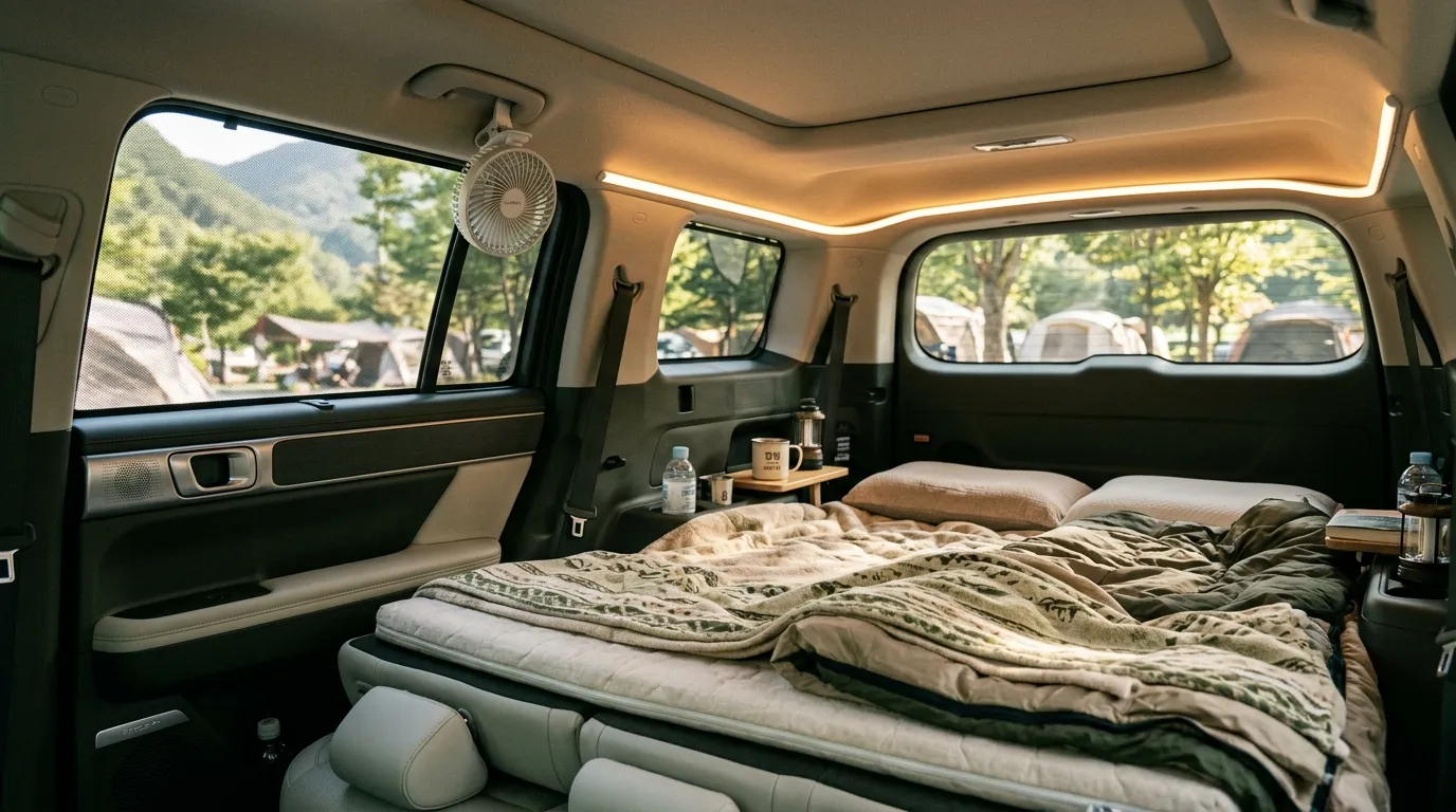 차박용 방충망과 환기 구조를 갖춘 차량 내부 세팅