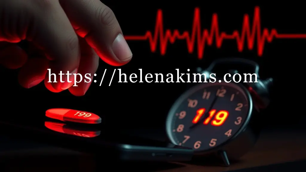 어둡고 긴박한 배경 속, 떨리는 손이 스마트폰의 '119' 버튼을 누르기 직전의 순간, 휴대폰 화면의 '119' 숫자는 강렬한 붉은색 빛을 뿜어내며 긴급한 상황을 알리고, 그 옆으로 급박하게 움직이는 시계 초침이 흐릿하게 보인다.