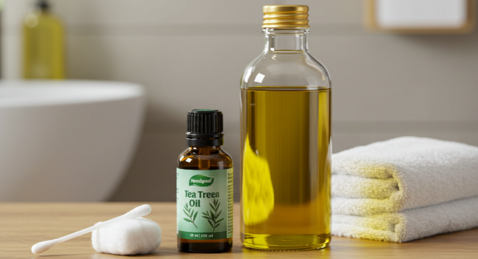 티트리 오일과 캐리어 오일을 보여주는 이미지