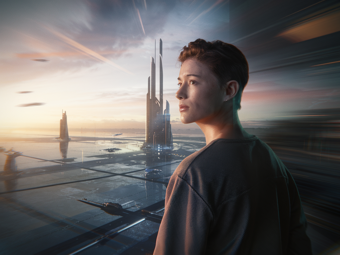 미래 도시의 경치를 바라보며 변화에 적응할 준비가 된 자신감 넘치는 사람의 모습