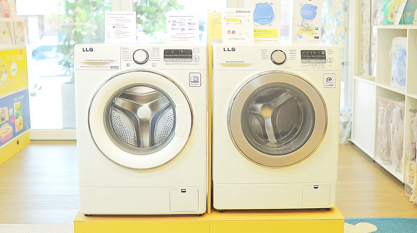 쇼룸에서 소음과 진동이 적은 LG 세탁기와 AI 기반 세탁 코스가 탁월한 삼성 세탁기를 비교하는 이미지