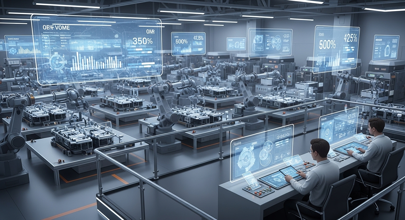 AI와 로봇 기술이 결합되어 자율적으로 운영되는 최첨단 스마트 팩토리의 생산 라인 전경