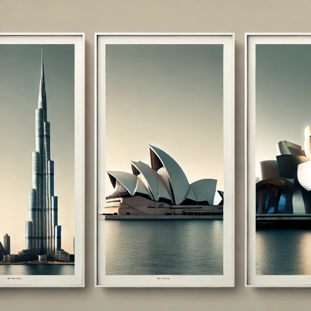 부르즈 칼리파, 시드니 오페라하우스, 빌바오 구겐하임 박물관 이미지