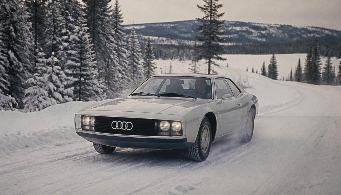 A vintage Audi prototype test car with a prominent four-rings emblem driving through a snowy winter landscape in the 1970s.