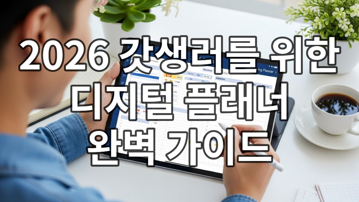 2026년 새해 목표를 디지털 플래너에 작성하며 밝게 웃는 사람의 모습. 깔끔하고 모던한 블루-그레이 톤의 플래너가 태블릿 화면에 선명하게 보인다.
