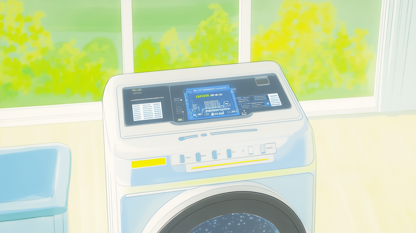 고급 AI 기능이 탑재된 삼성 세탁기가 현대적이고 하이테크한 가정 환경에서 뽐내고 있는 모습입니다.