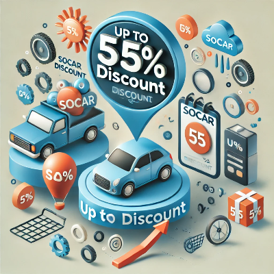 쏘카의 최신 할인 프로모션 이미지를 강조, 최대 75% 할인 쿠폰과 주요 이벤트 혜택이 포함된 디자인.