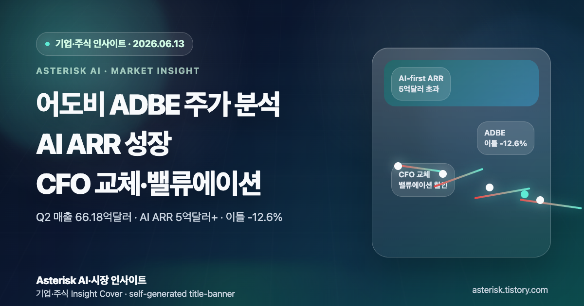 어도비 ADBE 주가 분석과 AI ARR 성장, CFO 교체, 밸류에이션 부담을 설명하는 타이틀 배너 이미지